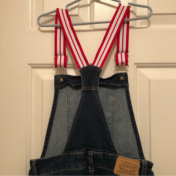 🌻Girls’ size 14 Levi’s stretch denim bib overalls w/red & white straps - Picture 9 of 10